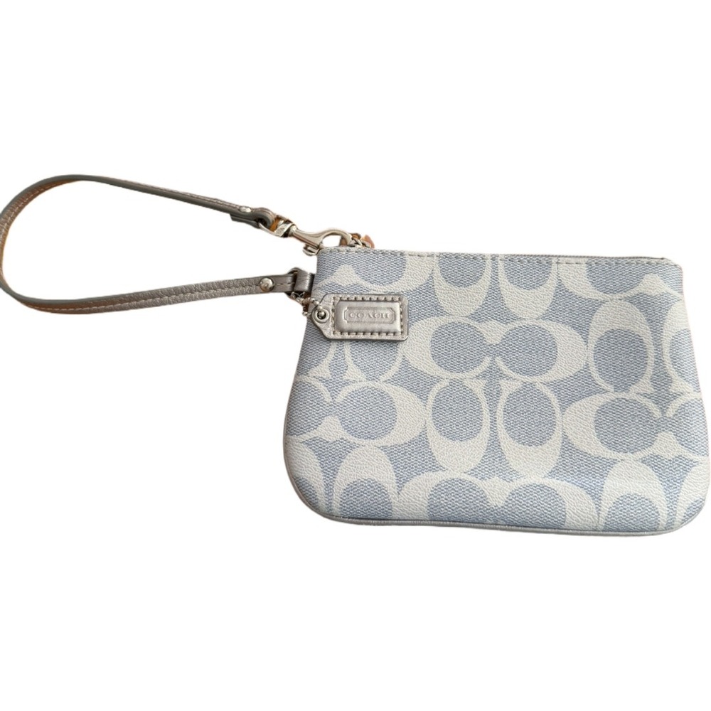 Coach Wristlet Signature C Logo Grey White Silver Trim Too Zipper PVC Outside